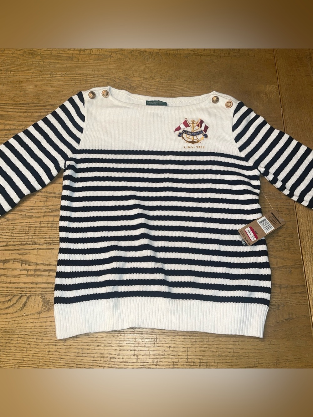 Ralph Lauren White & Blue Sweater Crest Nautical Boat Neck Striped Petite Large
